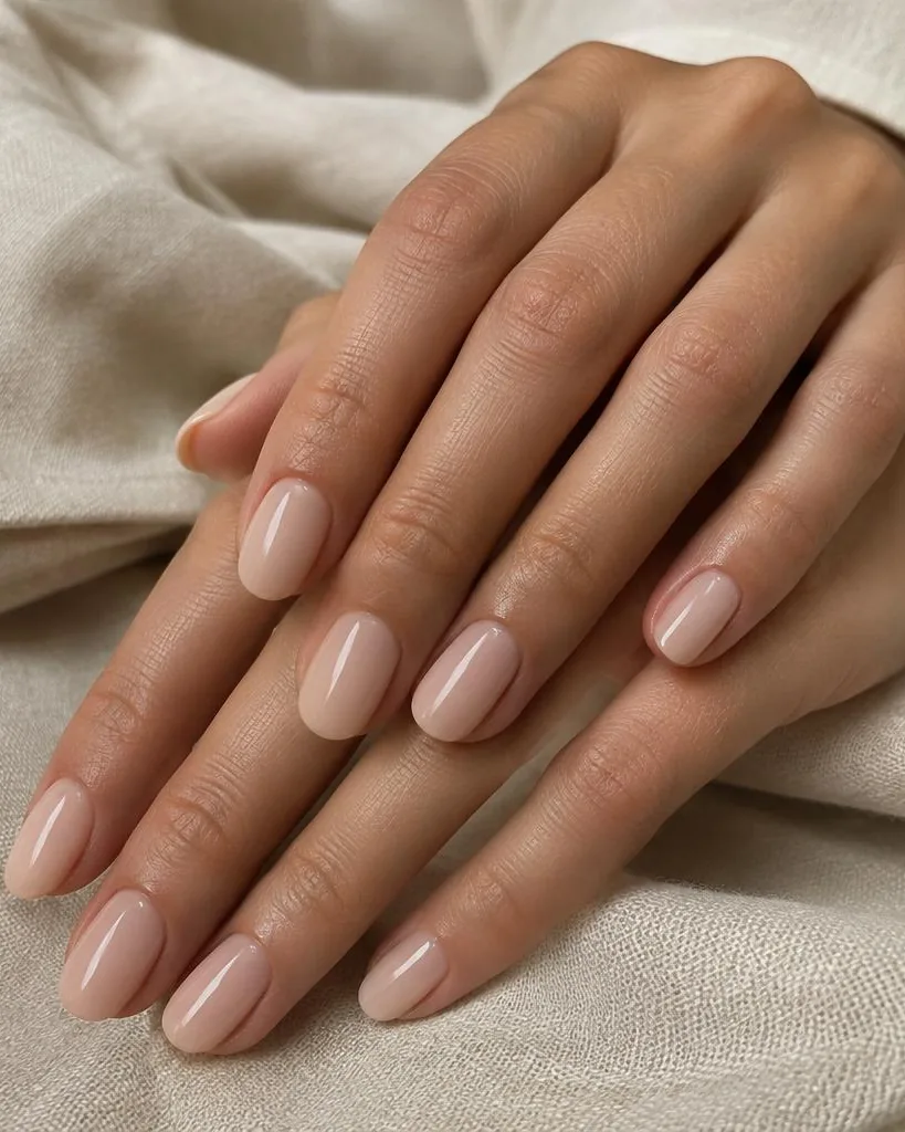Fresh neutral gel manicure on a linen cloth